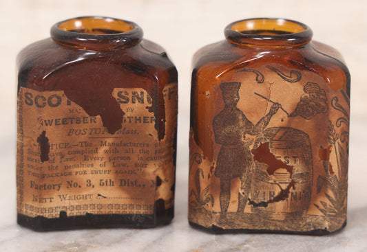 Lot 085 - Pair Of Antique Amber Glass Snuff Bottles With Partial Paper Labels Including West Virginia Snuff And Scott's Snuff
