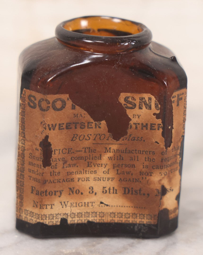 Lot 085 - Pair Of Antique Amber Glass Snuff Bottles With Partial Paper Labels Including West Virginia Snuff And Scott's Snuff