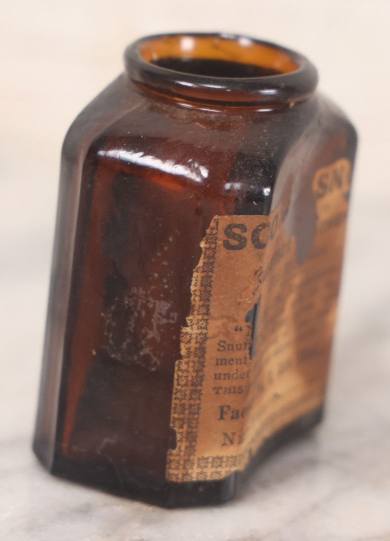 Lot 085 - Pair Of Antique Amber Glass Snuff Bottles With Partial Paper Labels Including West Virginia Snuff And Scott's Snuff