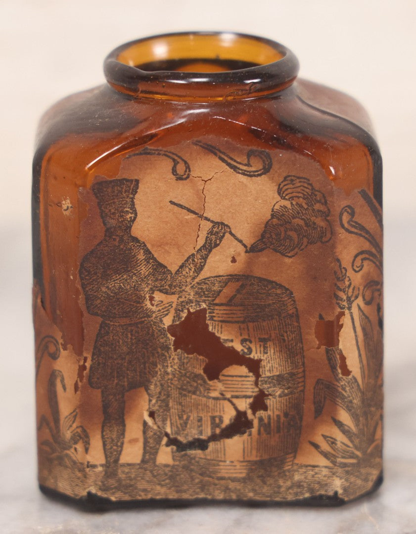 Lot 085 - Pair Of Antique Amber Glass Snuff Bottles With Partial Paper Labels Including West Virginia Snuff And Scott's Snuff