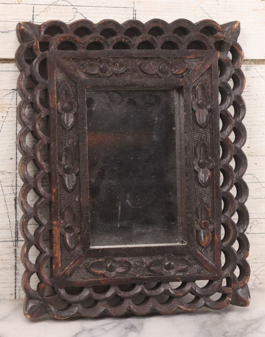 Lot 087 - Vintage Hand Carved Wood Folk Art Frame With Scalloped Cut Out Design, Floral Embellishments, With Mirror, 8" x 10-1/8"