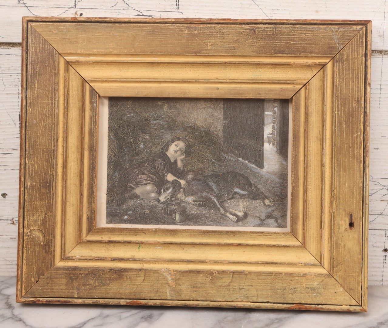 Lot 090 - Antique Engraving Print Of A Little Girl And Her Dog Napping In A Haystack, In Vintage Frame Made Of Old Wood, 11-7/8" x 9-7/8"