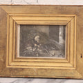 Lot 090 - Antique Engraving Print Of A Little Girl And Her Dog Napping In A Haystack, In Vintage Frame Made Of Old Wood, 11-7/8" x 9-7/8"