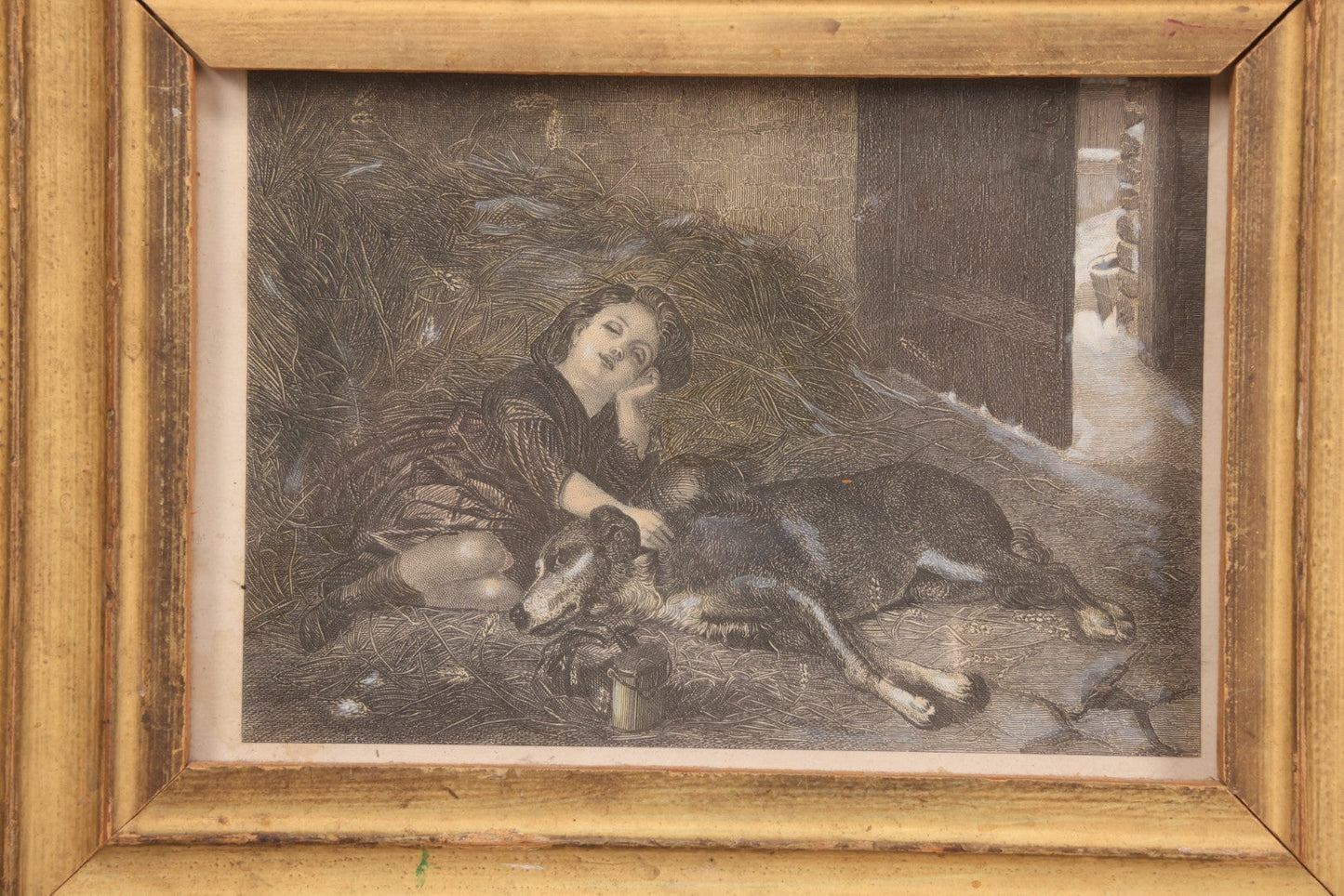 Lot 090 - Antique Engraving Print Of A Little Girl And Her Dog Napping In A Haystack, In Vintage Frame Made Of Old Wood, 11-7/8" x 9-7/8"