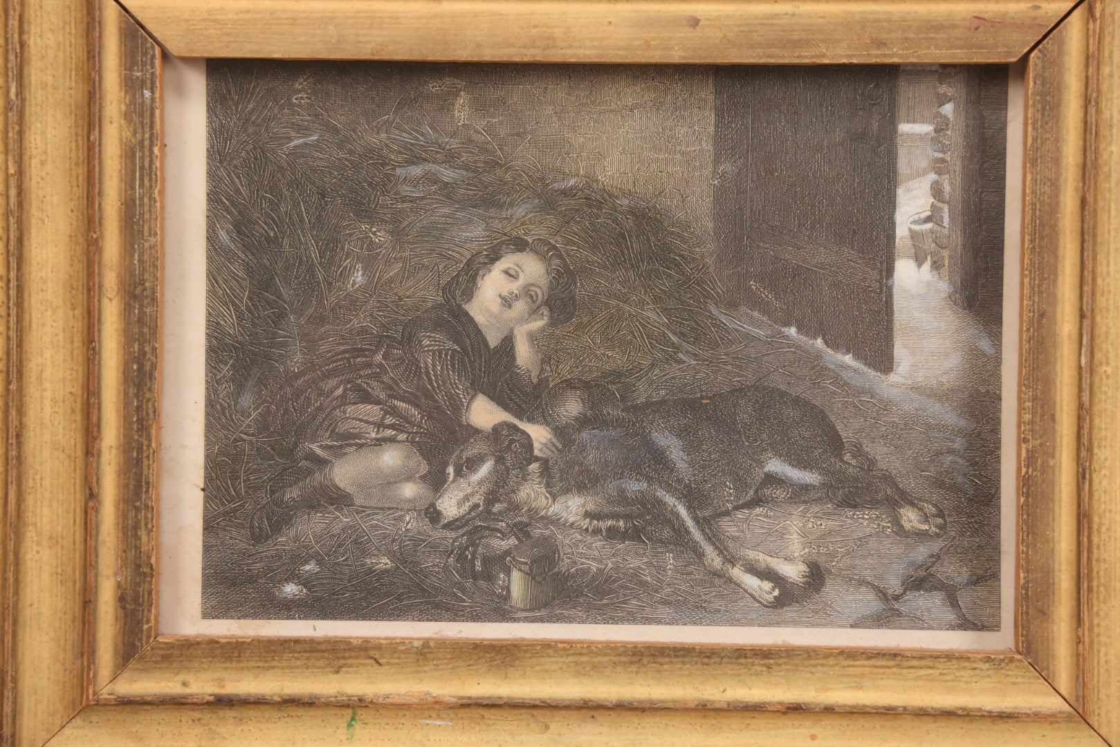 Lot 090 - Antique Engraving Print Of A Little Girl And Her Dog Napping In A Haystack, In Vintage Frame Made Of Old Wood, 11-7/8" x 9-7/8"