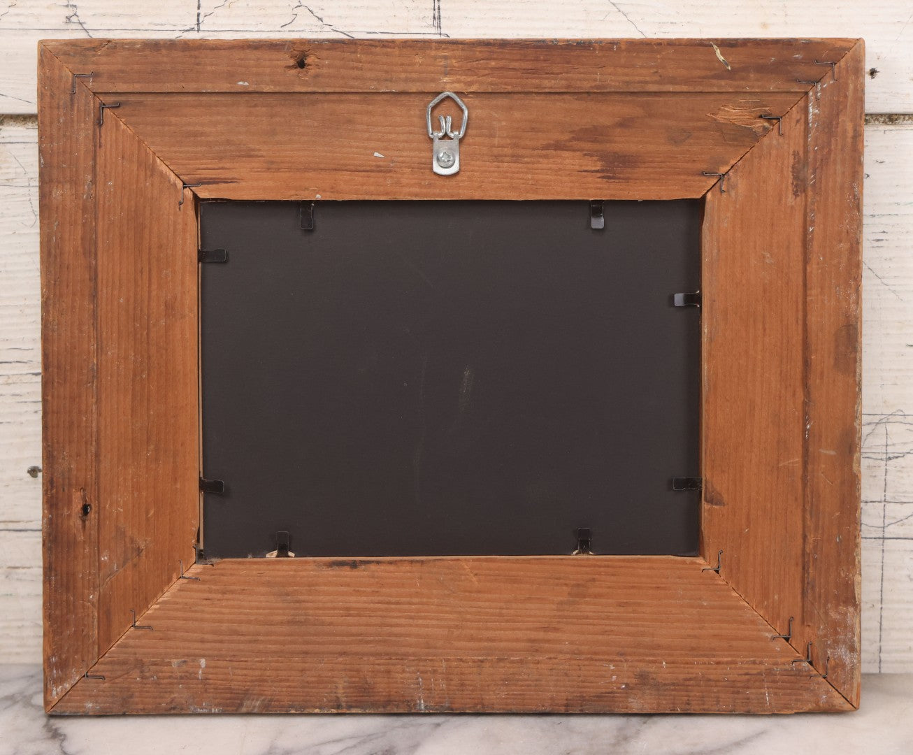 Lot 090 - Antique Engraving Print Of A Little Girl And Her Dog Napping In A Haystack, In Vintage Frame Made Of Old Wood, 11-7/8" x 9-7/8"