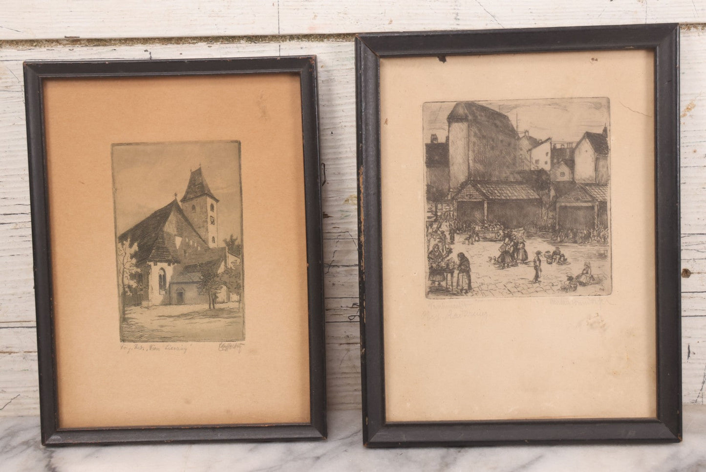 Lot 092 - Pair Of Antique Austrian Etching Prints Including Sievering Parish Church, Vienna, And Market Scene, Artist Signed In Pencil Illegibly, 6-3/4" X 8-3/4" And 6-1/4" X 8-1/4"