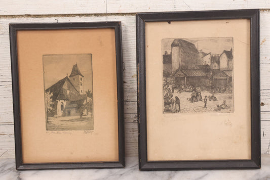 Lot 092 - Pair Of Antique Austrian Etching Prints Including Sievering Parish Church, Vienna, And Market Scene, Artist Signed In Pencil Illegibly, 6-3/4" X 8-3/4" And 6-1/4" X 8-1/4"