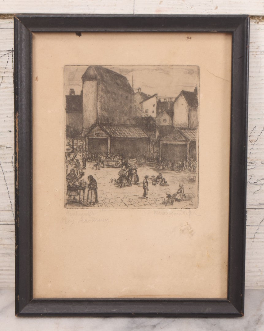 Lot 092 - Pair Of Antique Austrian Etching Prints Including Sievering Parish Church, Vienna, And Market Scene, Artist Signed In Pencil Illegibly, 6-3/4" X 8-3/4" And 6-1/4" X 8-1/4"