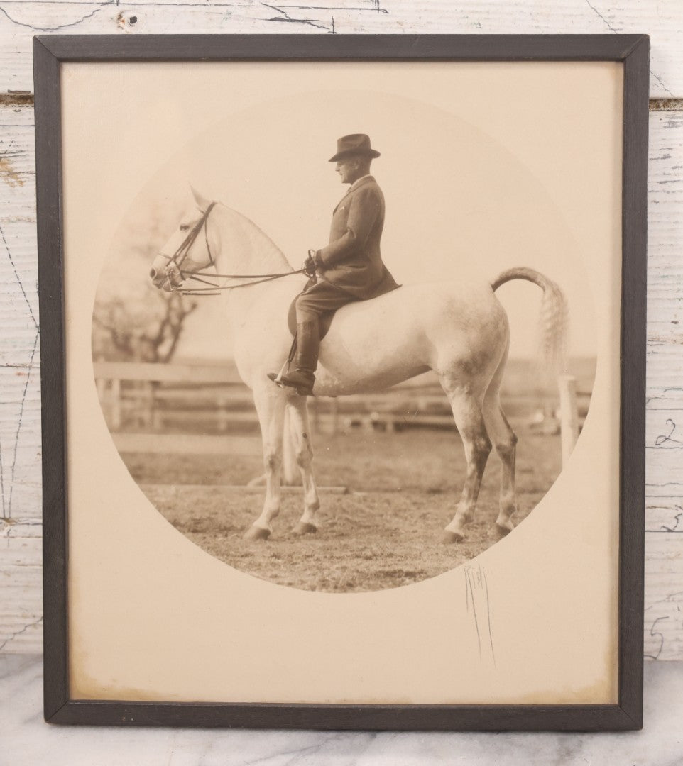 Lot 098 - Antique Circle Photo Of Man In Formal Riding Dress On Horse With Artist Signature "Ridi," In Frame, Fred Olsen's Art Shop Sticker On Verso, Cambridge, Mass, 8-3/8" x 9-5/8"