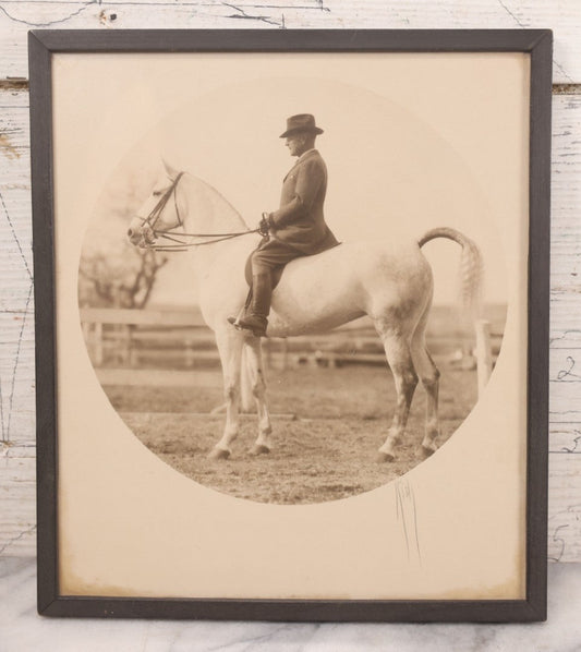 Lot 098 - Antique Circle Photo Of Man In Formal Riding Dress On Horse With Artist Signature "Ridi," In Frame, Fred Olsen's Art Shop Sticker On Verso, Cambridge, Mass, 8-3/8" x 9-5/8"