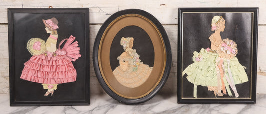 Lot 104 - Grouping Of Three Vintage Framed Ribbon Ladies, Including Woman In White Lace Dress With Real Hair In Oval Frame, Woman In Green And Woman In Pink, 8-3/4" x 10-3/4"
