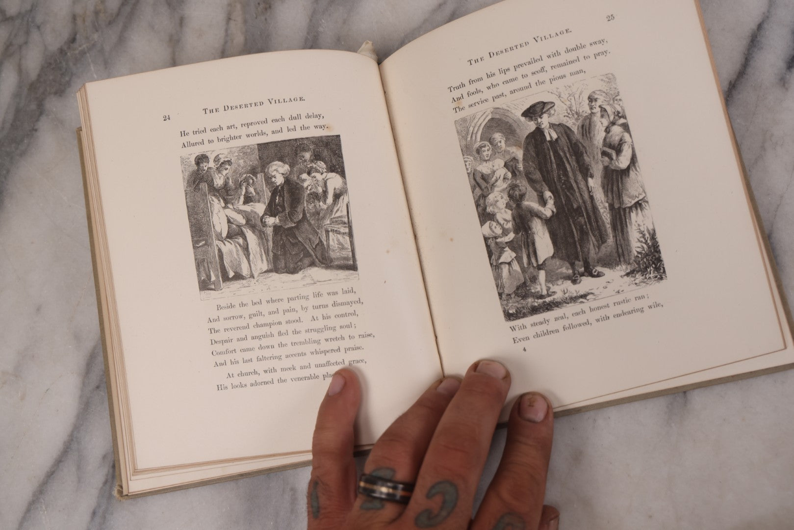 Lot 108 - "The Deserted Village" Antique Poetry Book By Oliver Goldsmith, Christmas 1889 Pencil Inscription, 30+ Illustrations 