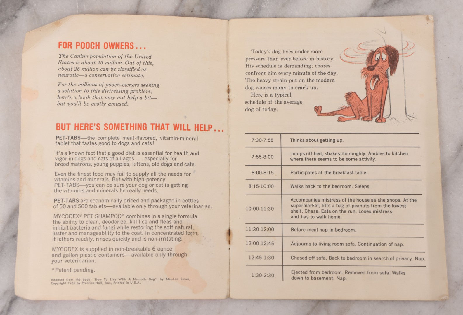 Lot 110 - "How To Live With A Neurotic Dog" Antique Illustrated Advertising Story Booklet Adapted From The Book By Stephen Baker, Cartoons By Eric Gurney, Advertising For Pet-Tabs And Mycodex Pet Shampoo, "Compliments Of The S.E. Massengill Company"