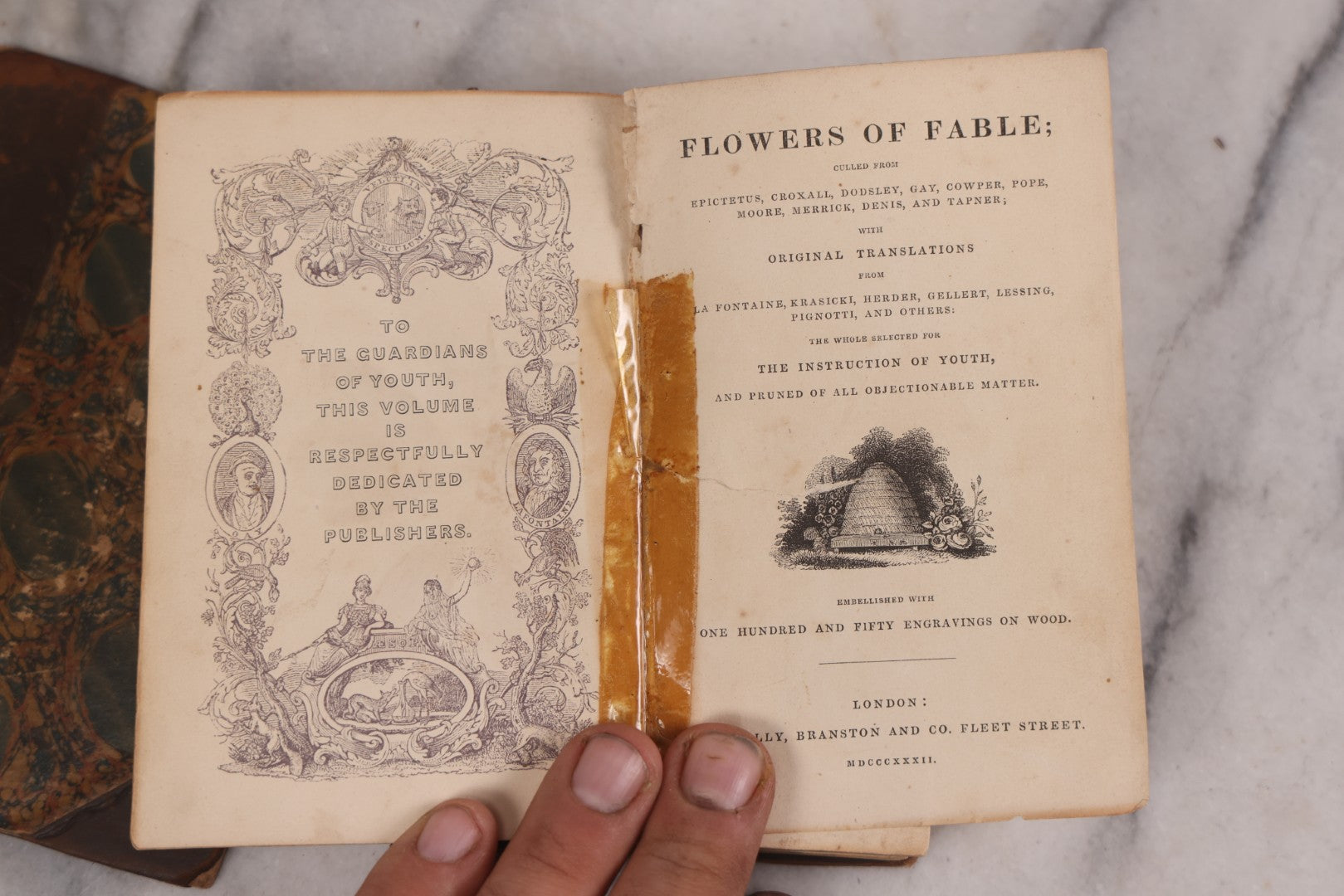 Lot 118 - "Flowers Of Fable" Antique Book With 150 Wood Engravings, Published By Vizetelly, Branston And Co., London, 1832, Bookplate Of Harry H. Baber, Detached Cover Board And Loose Title Page