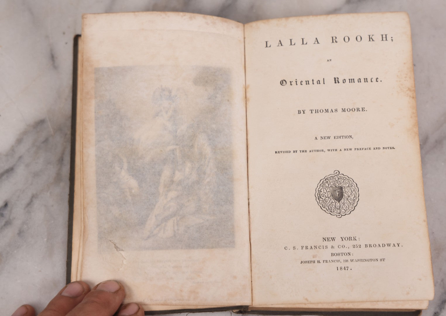 Lot 119 - "Lalla Rookh: An Oriental Romance" Antique Book By Thomas Moore, New Edition With Frontispiece, Pen And Ink Drawing By Previous Owner Dated 1864, Published By C.S. Francis & Co., New York And Boston, 1847