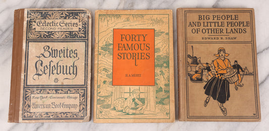 Lot 124 - Grouping Of Three Antique Books For Children: "Zweite Lesebuch" (Second Reader) German Language Instruction Book (1886), "Big People And Little People Of Other Lands" By Edward R. Shaw (1900), And "Forty Famous Stories" By H.A. Mertz (1936)