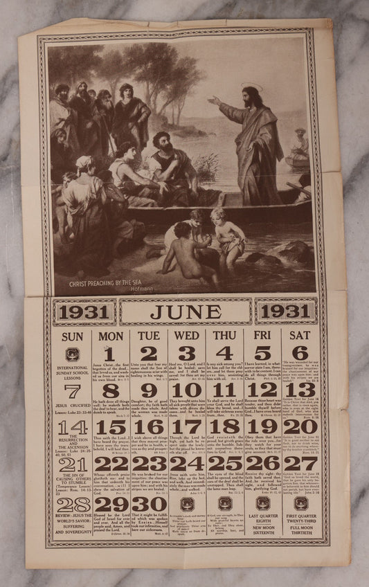 Lot 126 - Single Vintage Calendar Page June 1931 With Illustration Of Christ Preaching By The Sea, "International Sunday School Lessons" Listed For Each Date Of The Month