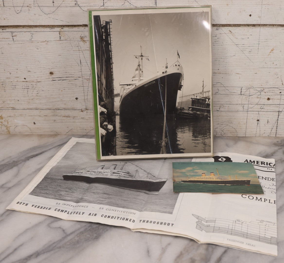 Lot 127 - Vintage Promotional Photograph Of The S.S. Constitution, American Export Lines Mediterranean Ocean Liner, In Plastic Frame, With Accompanying Postcard And Souvenir Deck Plans