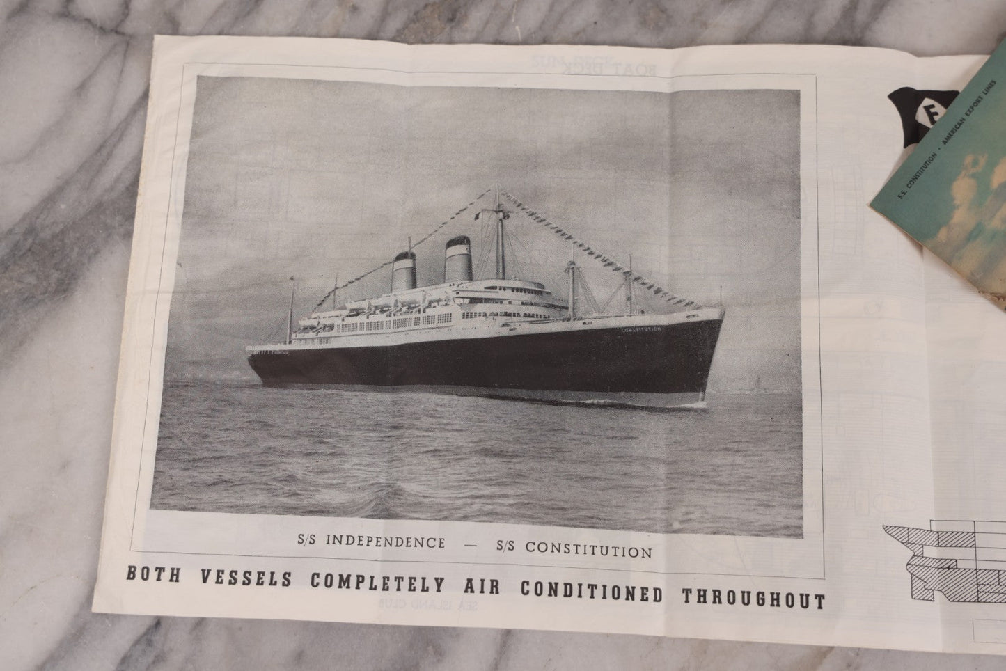 Lot 127 - Vintage Promotional Photograph Of The S.S. Constitution, American Export Lines Mediterranean Ocean Liner, In Plastic Frame, With Accompanying Postcard And Souvenir Deck Plans