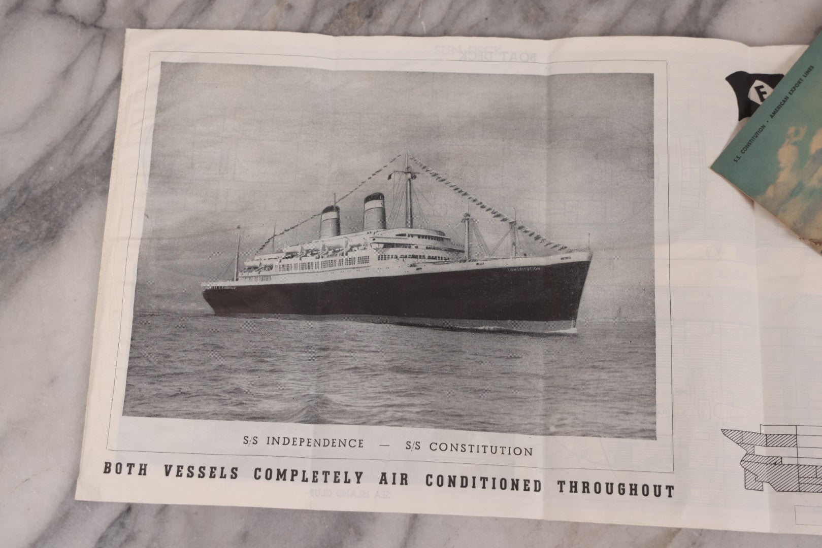 Lot 127 - Vintage Promotional Photograph Of The S.S. Constitution, American Export Lines Mediterranean Ocean Liner, In Plastic Frame, With Accompanying Postcard And Souvenir Deck Plans