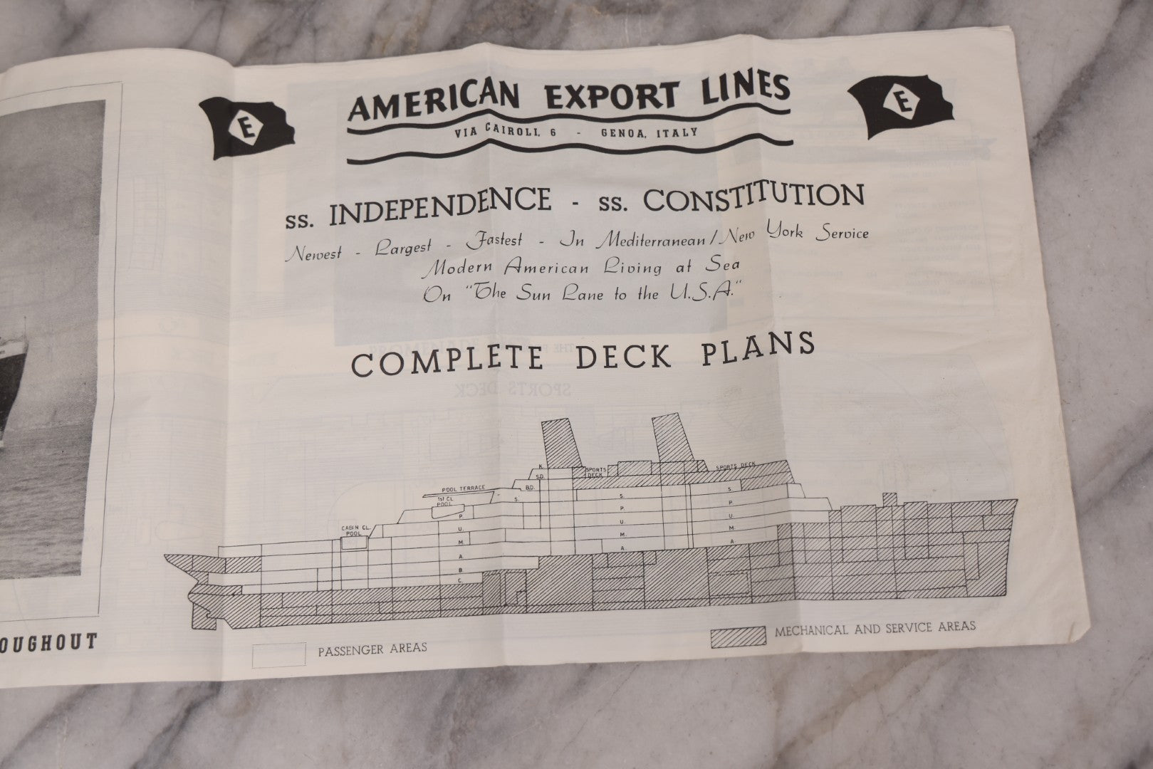 Lot 127 - Vintage Promotional Photograph Of The S.S. Constitution, American Export Lines Mediterranean Ocean Liner, In Plastic Frame, With Accompanying Postcard And Souvenir Deck Plans