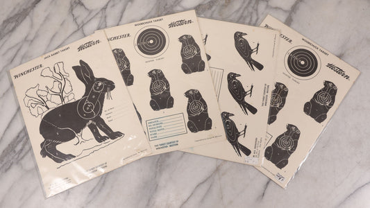 Lot 129 - Grouping Of Four Vintage Paper Winchester Western Rifle Shooting Targets Including Jack Rabbit, Crow, And Two Woodchuck Targets, Copyrighted By Joseph W. Mehmert