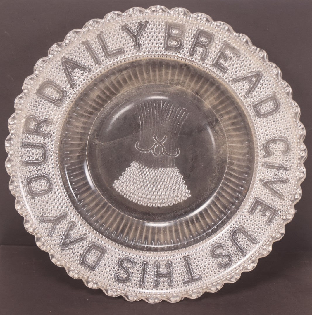 Lot 134 - Antique Early American Pattern Glass E.A.P.G. Devotional Charger Plate, "Give Us This Day Our Daily Bread," With Bundle Of Wheat