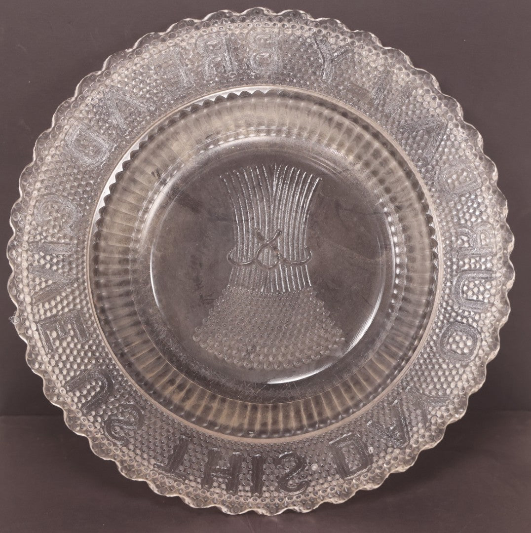 Lot 134 - Antique Early American Pattern Glass E.A.P.G. Devotional Charger Plate, "Give Us This Day Our Daily Bread," With Bundle Of Wheat
