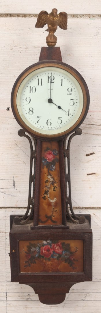 Lot 136 - Antique 8-Day Banjo Clock With Eagle Finial And Painted Floral Glass Panels, New Haven Clock Co., U.S.A., Note Not Working, Wear