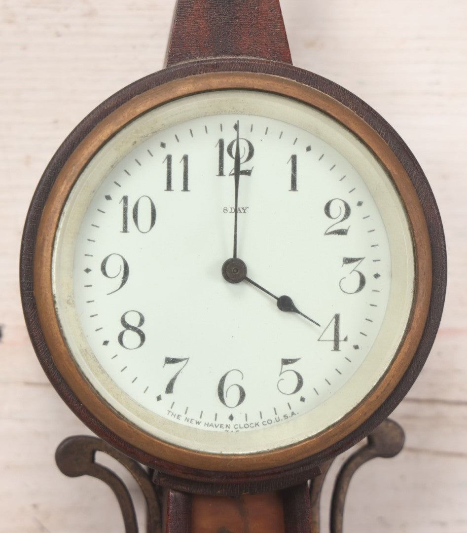 Lot 136 - Antique 8-Day Banjo Clock With Eagle Finial And Painted Floral Glass Panels, New Haven Clock Co., U.S.A., Note Not Working, Wear