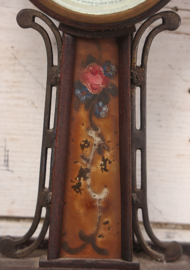 Lot 136 - Antique 8-Day Banjo Clock With Eagle Finial And Painted Floral Glass Panels, New Haven Clock Co., U.S.A., Note Not Working, Wear