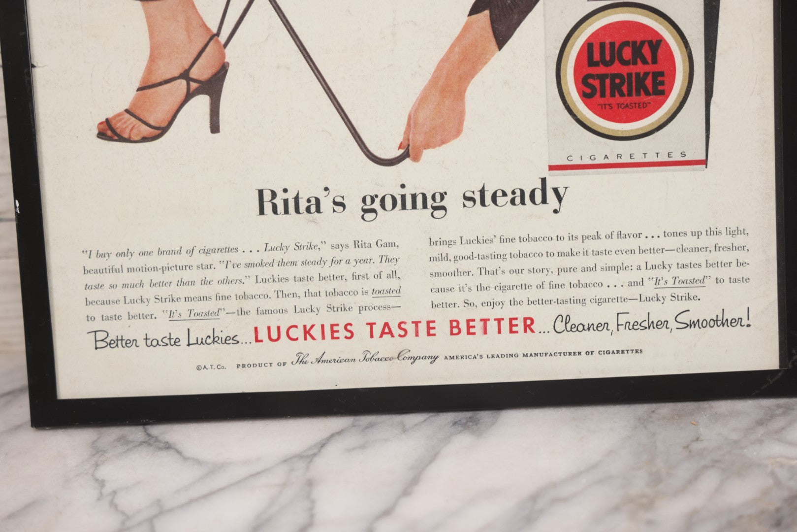 Lot 139 - Vintage Clipped Magazine Pin-Up Advertisement For Lucky Strike Cigarettes, "Rita's Going Steady," The American Tobacco Company, In Modern Frame