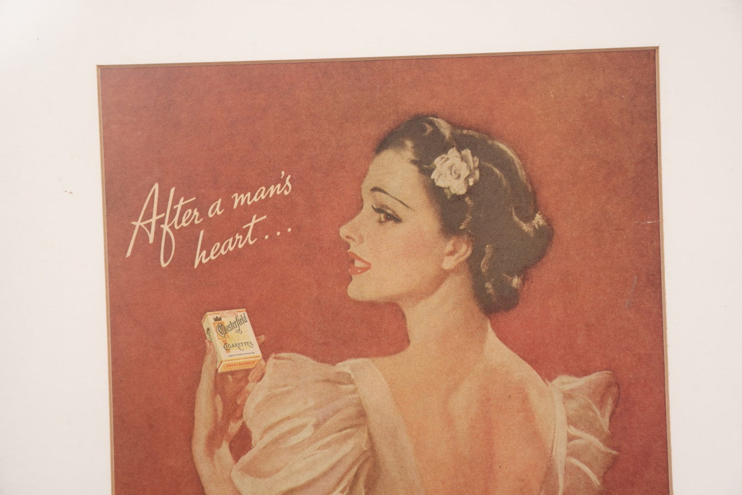 Lot 140 - Vintage Clipped Magazine Advertisement For Chesterfield Cigarettes, "After A Man's Heart...," In Modern Frame