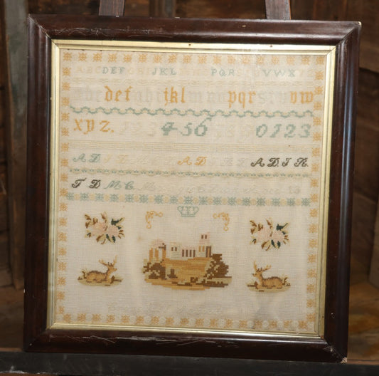 Antique European Schoolgirl Sampler With Alphabets, Numerals, Castle And Stag Motifs, Stitched By Maggie C. Dick, Age 13, Crosshill School, Circa Mid-19th Century, Framed, 26-3/8" X 27-1/4"