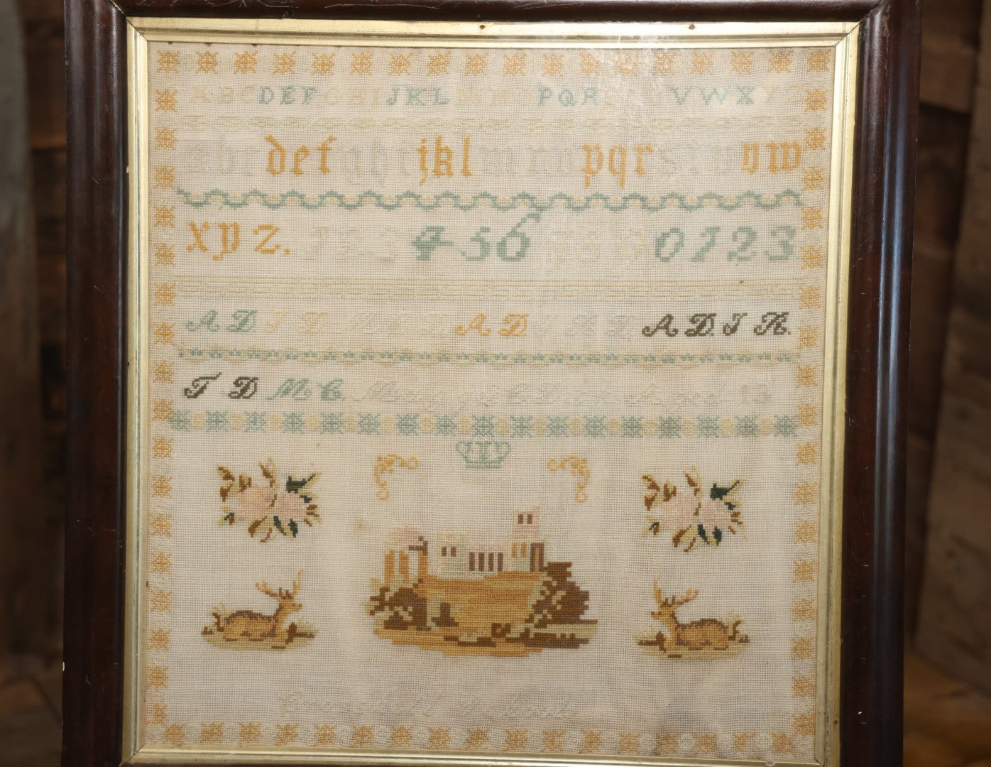 Antique European Schoolgirl Sampler With Alphabets, Numerals, Castle And Stag Motifs, Stitched By Maggie C. Dick, Age 13, Crosshill School, Circa Mid-19th Century, Framed, 26-3/8" X 27-1/4"