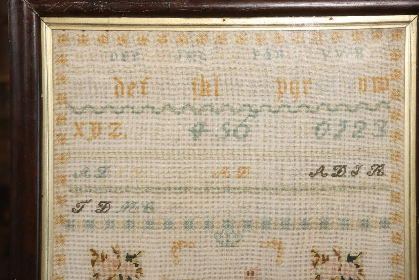 Antique European Schoolgirl Sampler With Alphabets, Numerals, Castle And Stag Motifs, Stitched By Maggie C. Dick, Age 13, Crosshill School, Circa Mid-19th Century, Framed, 26-3/8" X 27-1/4"