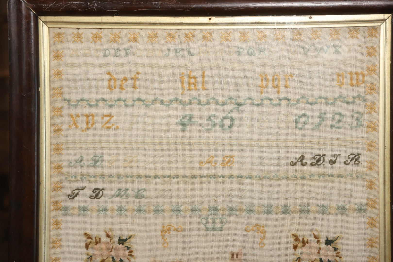 Antique European Schoolgirl Sampler With Alphabets, Numerals, Castle And Stag Motifs, Stitched By Maggie C. Dick, Age 13, Crosshill School, Circa Mid-19th Century, Framed, 26-3/8" X 27-1/4"