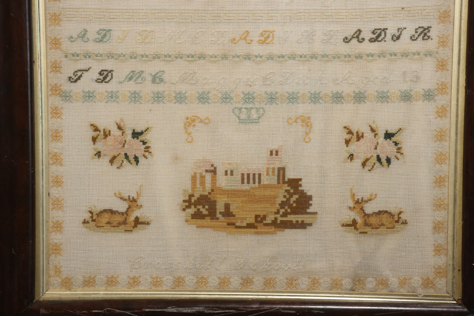 Antique European Schoolgirl Sampler With Alphabets, Numerals, Castle And Stag Motifs, Stitched By Maggie C. Dick, Age 13, Crosshill School, Circa Mid-19th Century, Framed, 26-3/8" X 27-1/4"