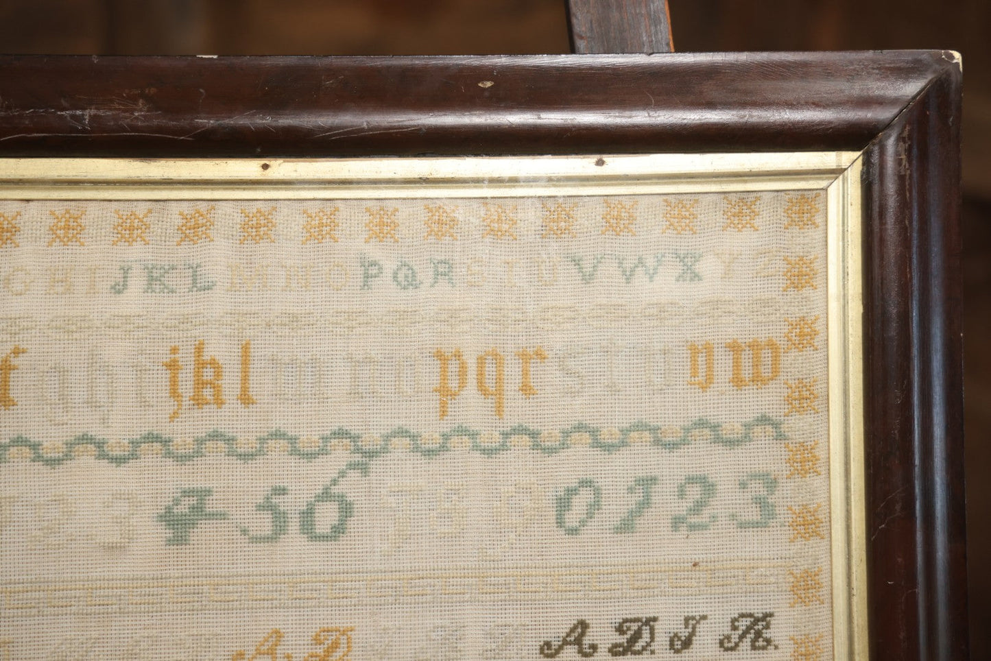 Antique European Schoolgirl Sampler With Alphabets, Numerals, Castle And Stag Motifs, Stitched By Maggie C. Dick, Age 13, Crosshill School, Circa Mid-19th Century, Framed, 26-3/8" X 27-1/4"