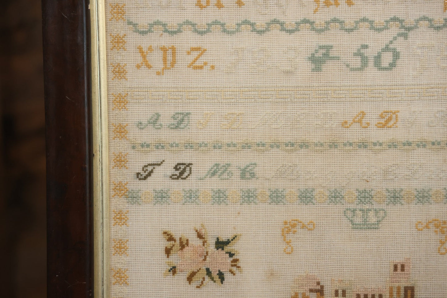 Antique European Schoolgirl Sampler With Alphabets, Numerals, Castle And Stag Motifs, Stitched By Maggie C. Dick, Age 13, Crosshill School, Circa Mid-19th Century, Framed, 26-3/8" X 27-1/4"