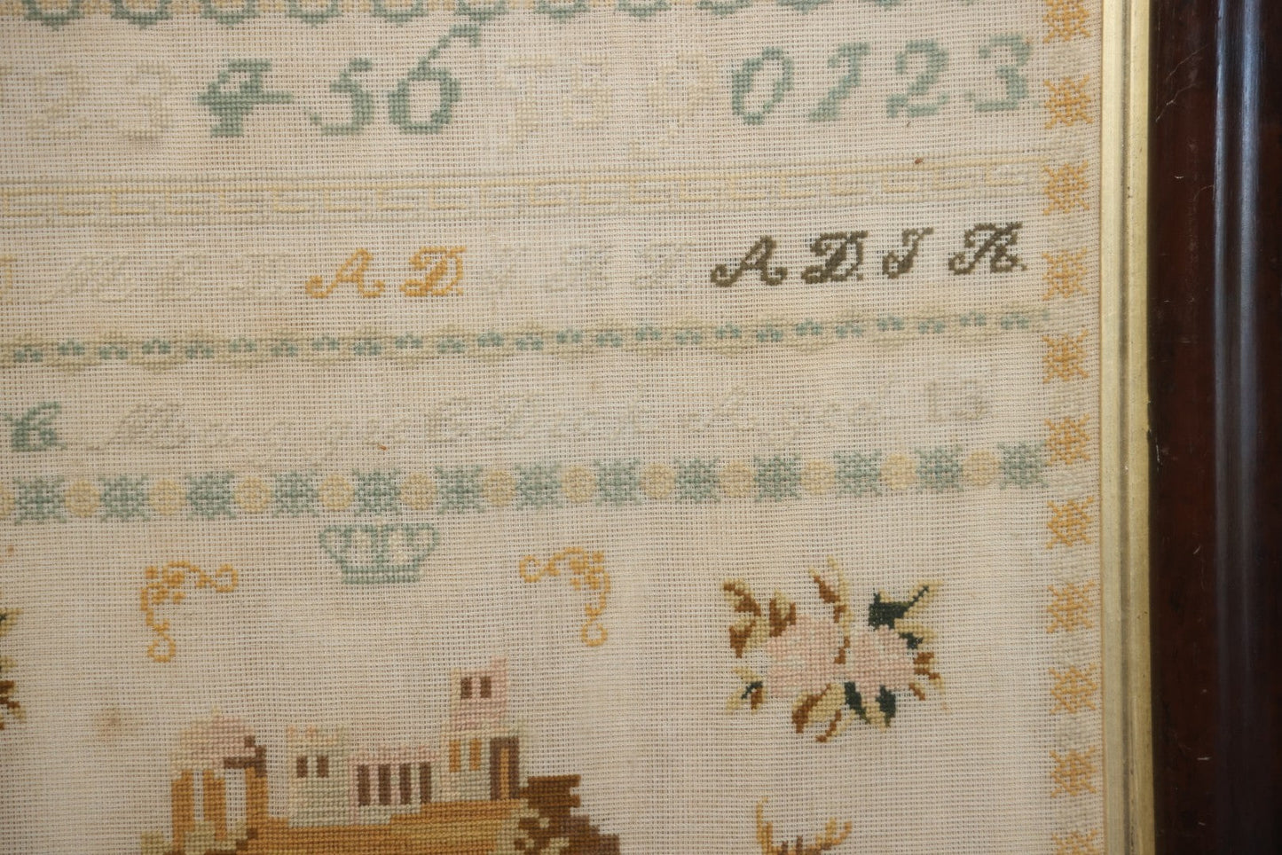 Antique European Schoolgirl Sampler With Alphabets, Numerals, Castle And Stag Motifs, Stitched By Maggie C. Dick, Age 13, Crosshill School, Circa Mid-19th Century, Framed, 26-3/8" X 27-1/4"