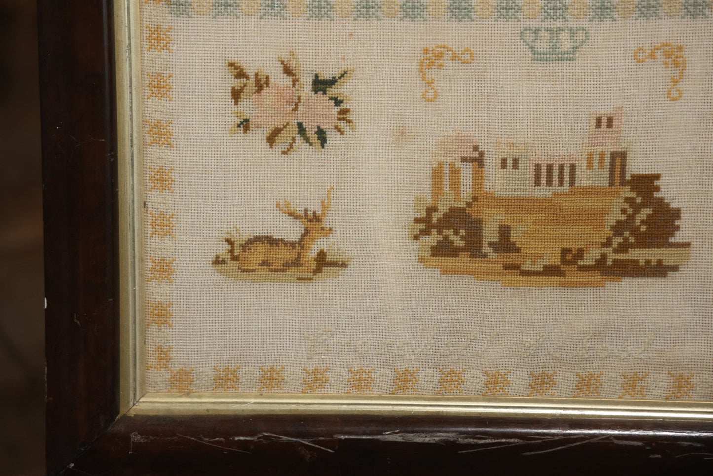 Antique European Schoolgirl Sampler With Alphabets, Numerals, Castle And Stag Motifs, Stitched By Maggie C. Dick, Age 13, Crosshill School, Circa Mid-19th Century, Framed, 26-3/8" X 27-1/4"