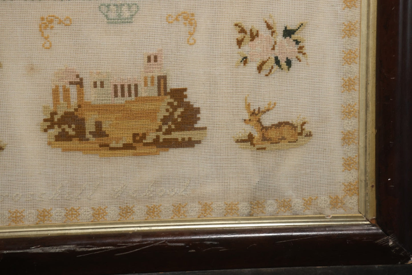 Antique European Schoolgirl Sampler With Alphabets, Numerals, Castle And Stag Motifs, Stitched By Maggie C. Dick, Age 13, Crosshill School, Circa Mid-19th Century, Framed, 26-3/8" X 27-1/4"