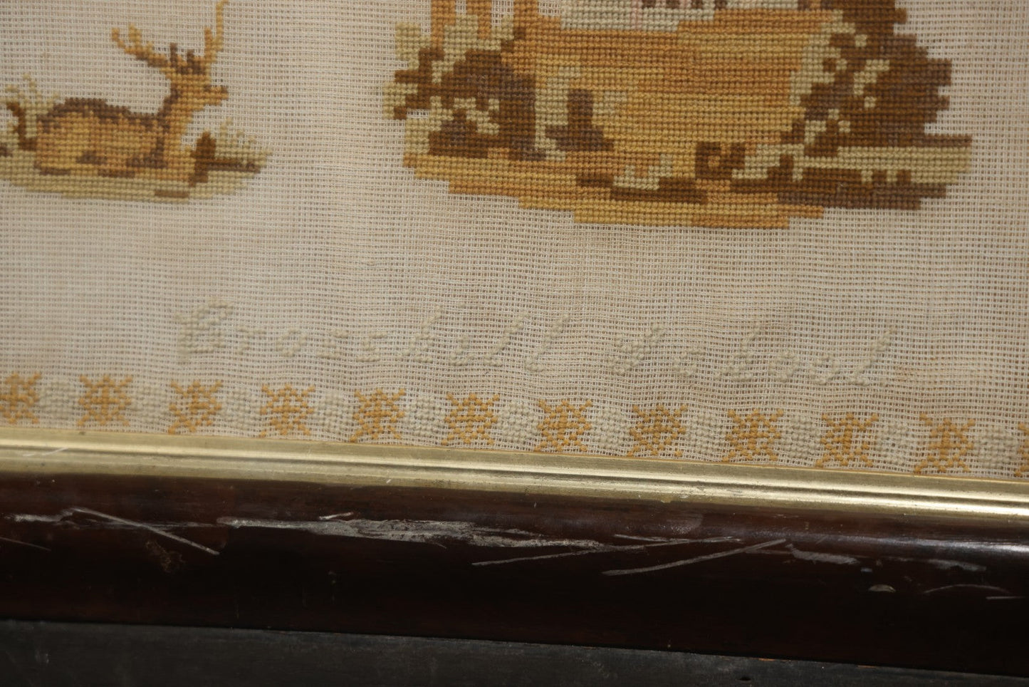 Antique European Schoolgirl Sampler With Alphabets, Numerals, Castle And Stag Motifs, Stitched By Maggie C. Dick, Age 13, Crosshill School, Circa Mid-19th Century, Framed, 26-3/8" X 27-1/4"