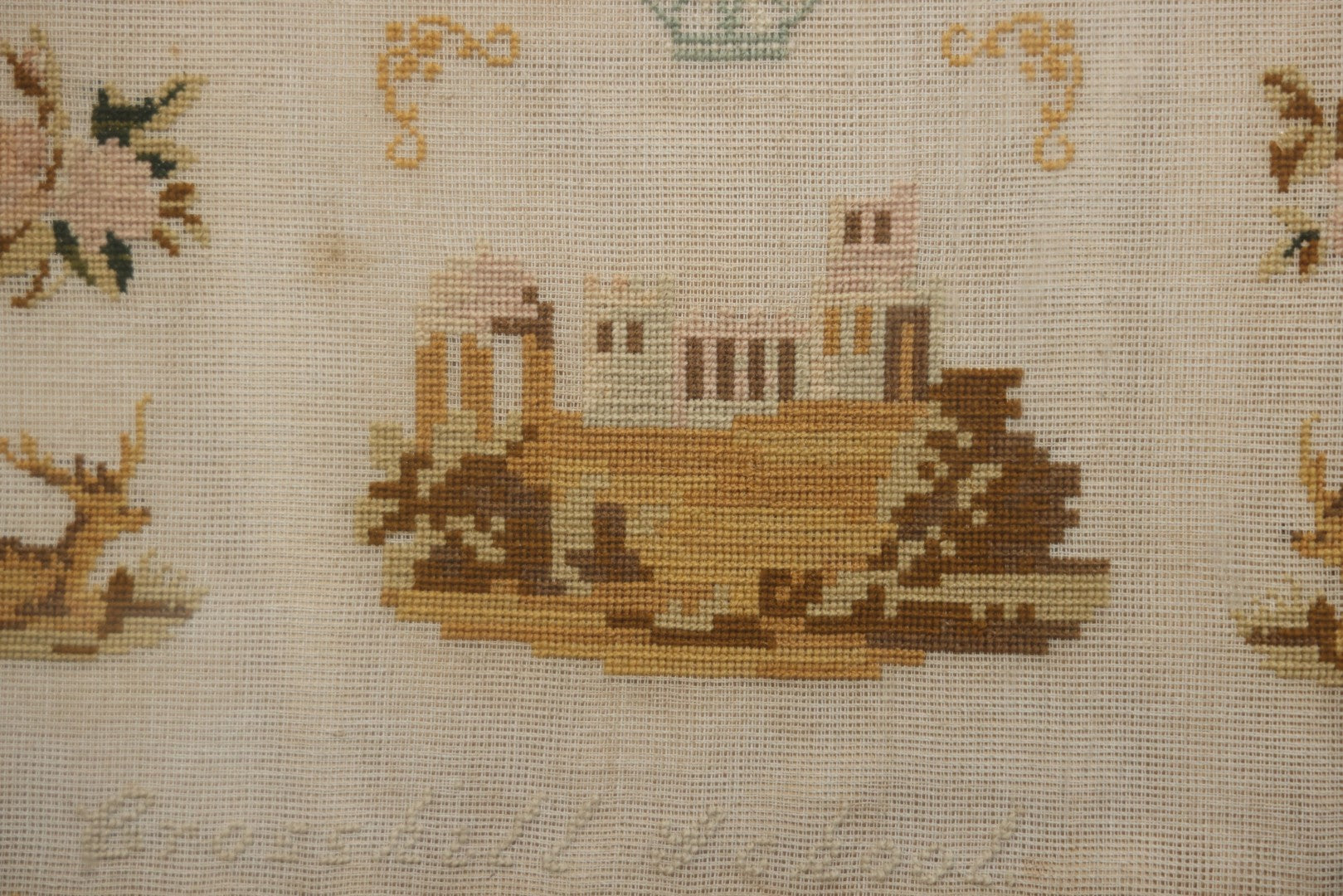 Antique European Schoolgirl Sampler With Alphabets, Numerals, Castle And Stag Motifs, Stitched By Maggie C. Dick, Age 13, Crosshill School, Circa Mid-19th Century, Framed, 26-3/8" X 27-1/4"