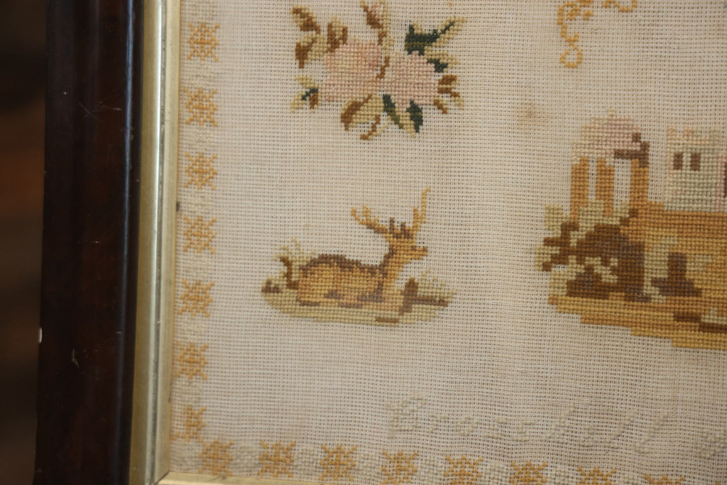 Antique European Schoolgirl Sampler With Alphabets, Numerals, Castle And Stag Motifs, Stitched By Maggie C. Dick, Age 13, Crosshill School, Circa Mid-19th Century, Framed, 26-3/8" X 27-1/4"