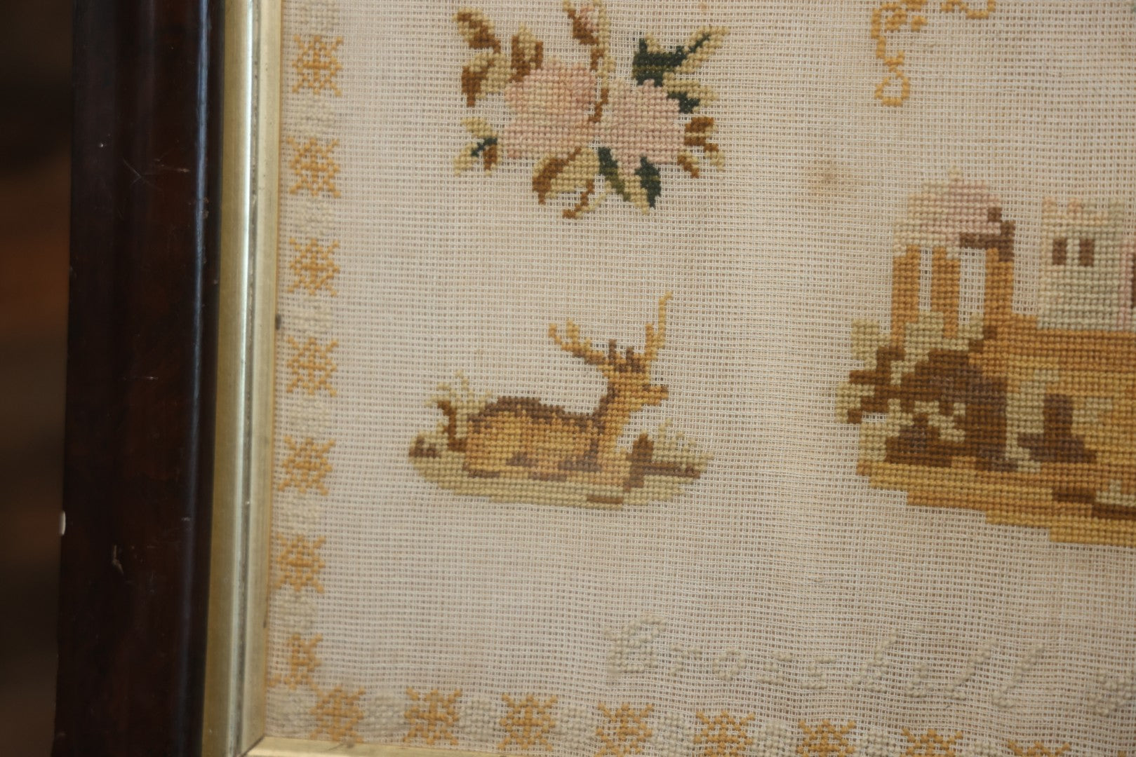 Antique European Schoolgirl Sampler With Alphabets, Numerals, Castle And Stag Motifs, Stitched By Maggie C. Dick, Age 13, Crosshill School, Circa Mid-19th Century, Framed, 26-3/8" X 27-1/4"
