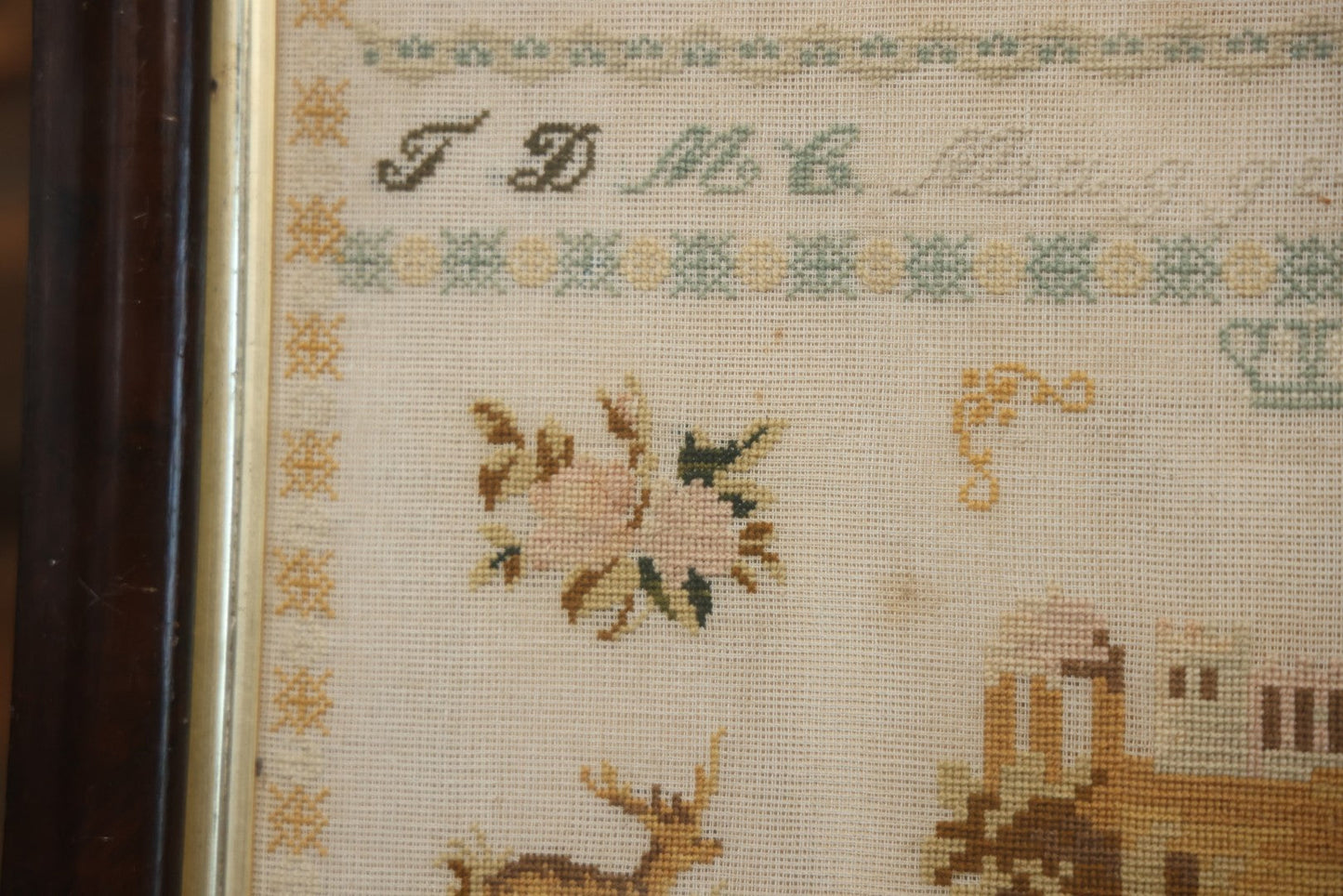 Antique European Schoolgirl Sampler With Alphabets, Numerals, Castle And Stag Motifs, Stitched By Maggie C. Dick, Age 13, Crosshill School, Circa Mid-19th Century, Framed, 26-3/8" X 27-1/4"