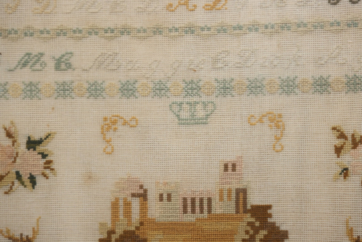 Antique European Schoolgirl Sampler With Alphabets, Numerals, Castle And Stag Motifs, Stitched By Maggie C. Dick, Age 13, Crosshill School, Circa Mid-19th Century, Framed, 26-3/8" X 27-1/4"